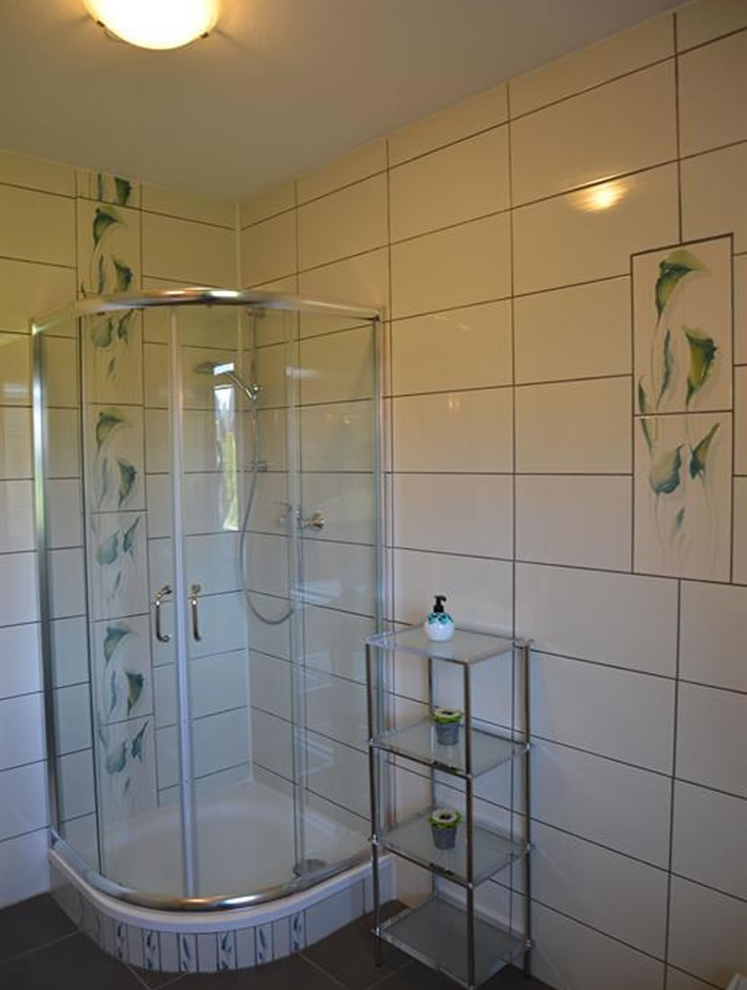 Badezimmer mit Dusche und Waschbecken